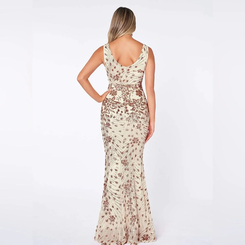 Kalinnu Champagne Sequins Mermaid Evening Gown dress Size Medium New with tags - Picture 2 of 14